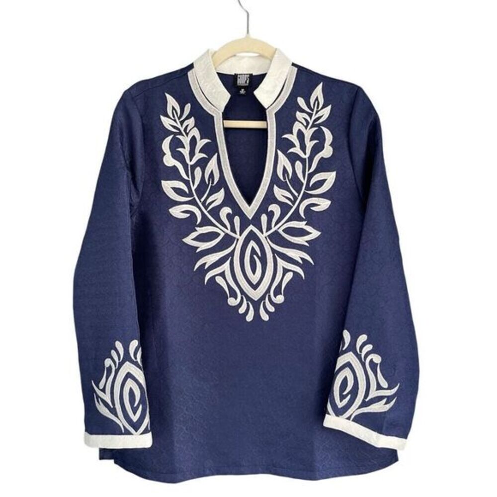 B6 Gump's San‎ Francisco Women's Embroidered Tunic Top Blouse Navy Blue Medium
